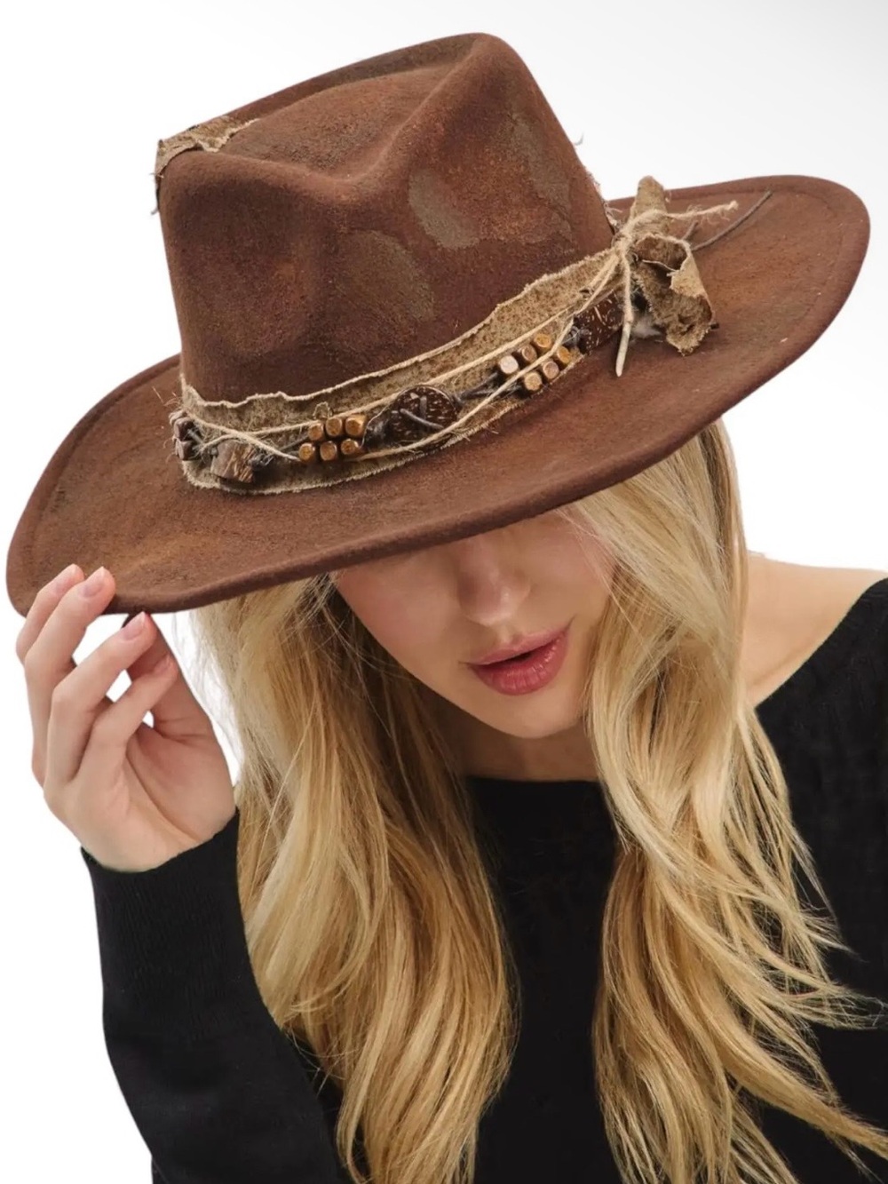 Brown Distressed Western Fedora Hat - Women Accessories